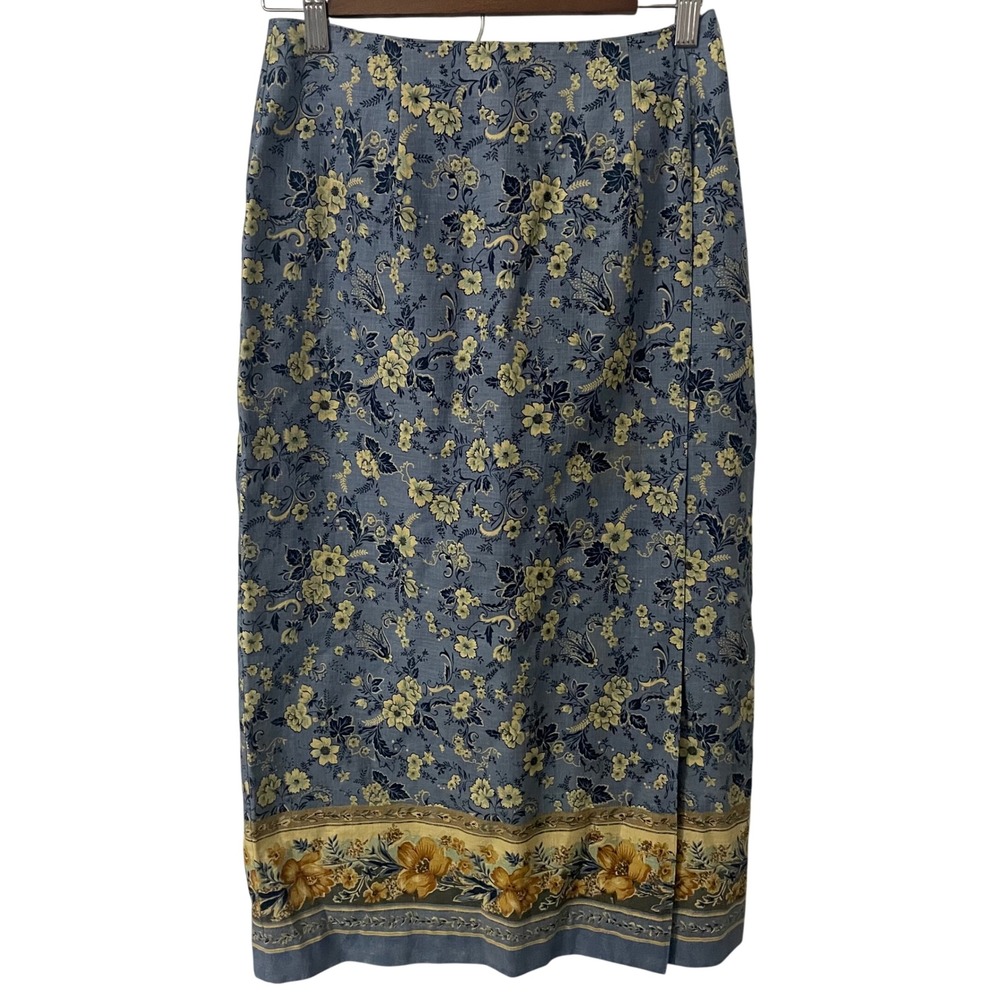 Talbots Petites Blue Floral Linen Blend Midi Faux Wrap Skirt Cottagecore Size 4P